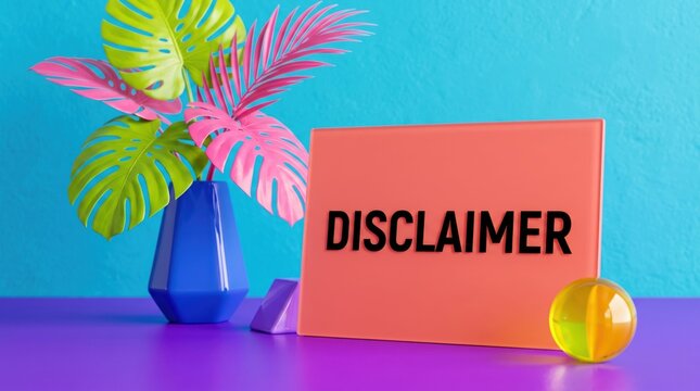 Vibrant disclaimer sign with tropical leaves and colorful decor on purple table