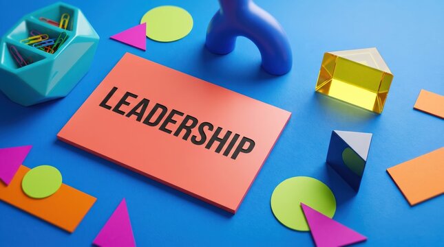 Vibrant leadership concept with colorful shapes and 3D objects on blue background