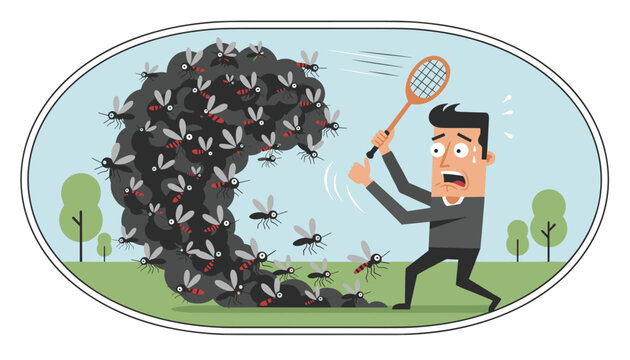Terrified man in a green park frantically swings a tennis racket to escape a dark cloud of chasing mosquitoes.