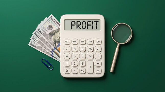 Profit calculation with calculator and cash on green background