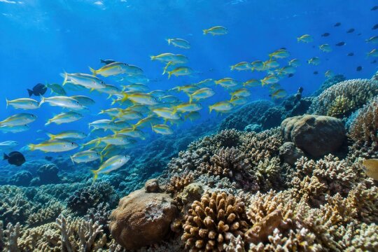 Vibrant school of yellowtail fish swimming over healthy coral reef in crystal-clear tropical ocean, underwater biodiversity, marine life ecosystem