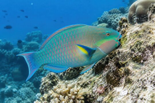 Vibrant coral reef parrotfish swimming near colorful marine life, turquoise ocean backdrop, underwater close-up, tropical ecosystem, dynamic natural beauty