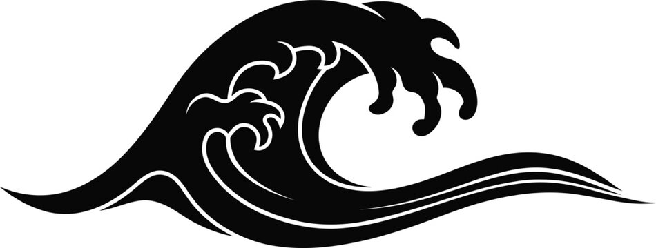 Stylized ocean wave silhouette, black sea surf vector icon, minimalist water splash graphic for surf brand logos and summer designs