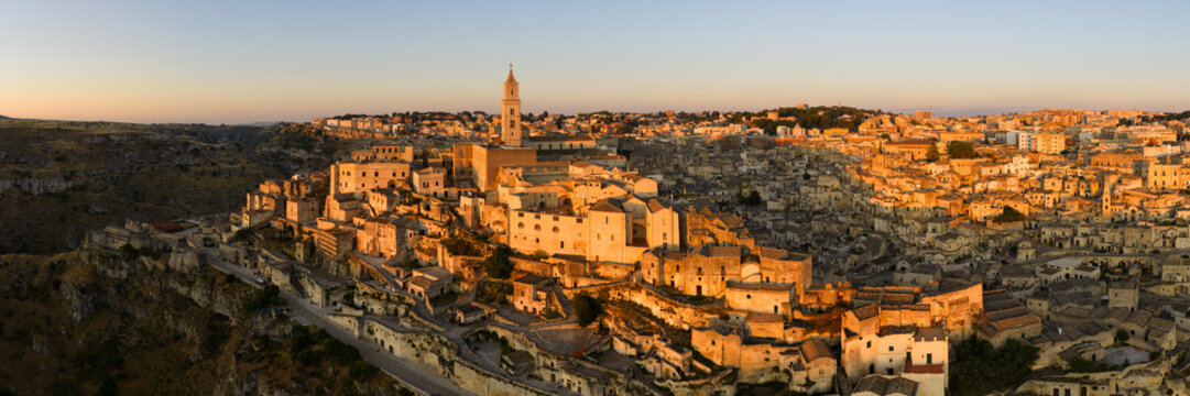 Matera Sassi City Aerial Panorama Golden Hour Italy