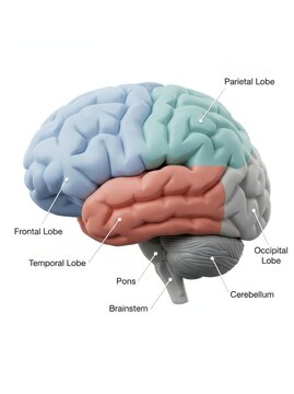 Human brain anatomy illustration featuring colorful distinct lobes for educational medical and neurological research purposes.