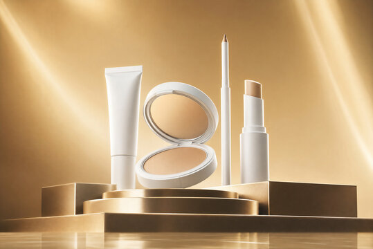 Assorted makeup and skincare items, including a compact, tube, pencil, and spray bottle, arranged on a tiered golden platform with warm lighting for beauty or cosmetic themes.