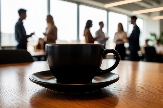 Black coffee cup on wooden table in modern office. Blurred business people talk, work in background. Colleagues meeting break in workspace. Professional team discuss project near window during