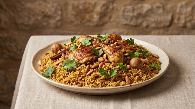 Traditional Arabian Chicken Kabsa with Spiced Basmati Rice Almonds and Dried Lime