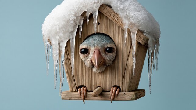 Birdhouse covered in icicles and looks grumpy and cold, pastel blue wall, copy space