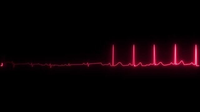 Glowing red heart rate monitor ecg display showing rhythm variations and electrical activity of human heart