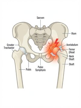 Human hip joint inflammation diagram with labeled anatomical structures for orthopedic medical evaluation.
