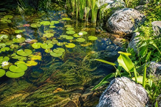 Vibrant lily pads and water lilies floating on serene shallow pond surrounded by mossy rocks and lush green vegetation, natural aquatic ecosystem