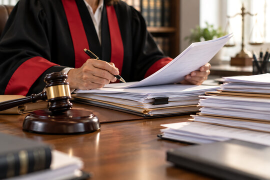 Judge reviewing legal documents with a gavel on a wooden desk