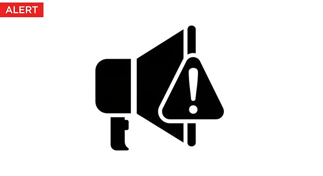 Black megaphone icon with an exclamation mark warning sign isolated on a transparent background