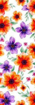 Watercolor orange and purple flower seamless pattern stylized floral repeat on white background, trendy, graphic