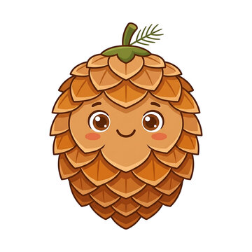 Cute cartoon pine cone character with happy face on transparent background