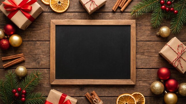 Empty chalkboard frame surrounded by christmas decorations and gift boxes on a rustic wooden background