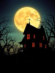 Fototapeta premium Haunted house silhouettes against a moonlit sky, surrounded by twisted trees and a crumbling graveyard fence, tombstones, architecture