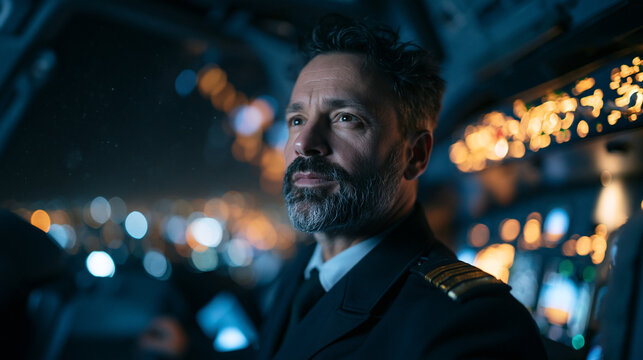 Airline Pilot Sitting in Cockpit During Night Flight
