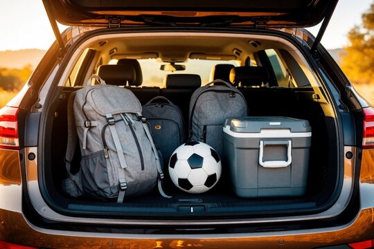 Open car trunk loaded with gear for family road trip. Grey backpacks, soccer ball, blue cooler inside silver suv. Travelers prepare for outdoor adventure, vacation, camping summer sports excursion in