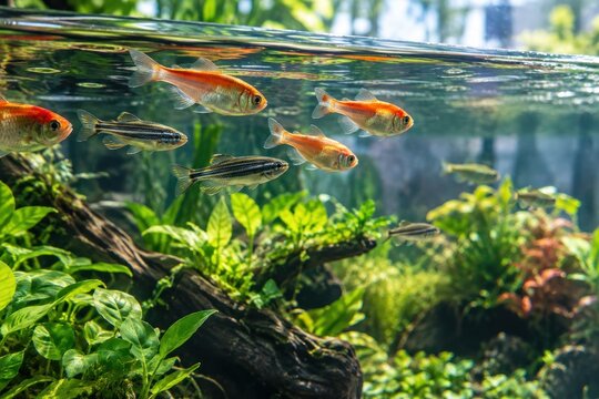 Vibrant goldfish and zebra danios swimming dynamically through lush green aquatic plants in crystal-clear home aquarium, serene underwater nature scene