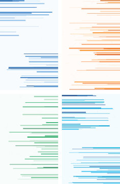 Four quadrants of horizontal lines in blue, orange, and green tones with subtle geometric connectors