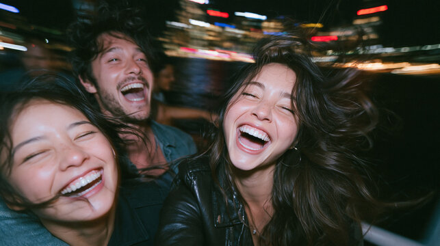 Happy Young Friends Laughing During Nightlife Party Cruise