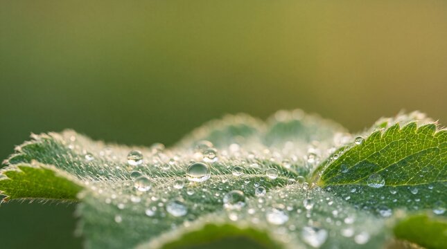 Fresh Dew Drops on Green Plant Leaf