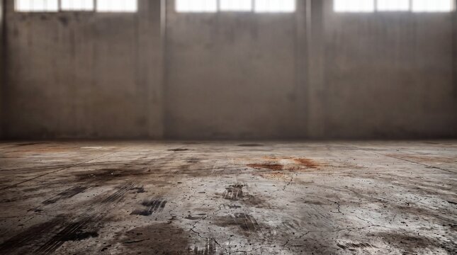 Empty Industrial Warehouse Interior with Dirty Concrete Floor