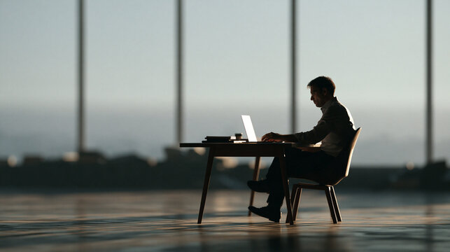 Businessman Working on Laptop in Modern Spacious Office
