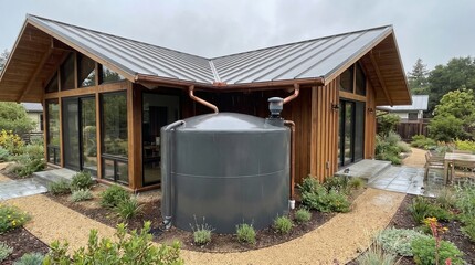 Obraz premium Residential Rainwater Harvesting System Tank Installed Beside Modern Wooden House