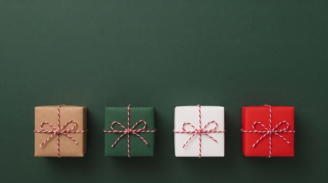Four small square gift boxes wrapped in different festive paper arranged in a row on dark green background