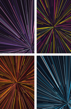 Four quadrants of radial lines, bursting patterns in purple, yellow, orange, and blue color palettes