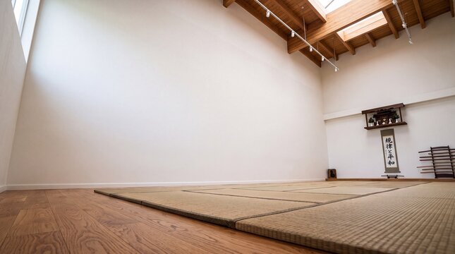 Empty Traditional Japanese Dojo Interior with Tatami Mats