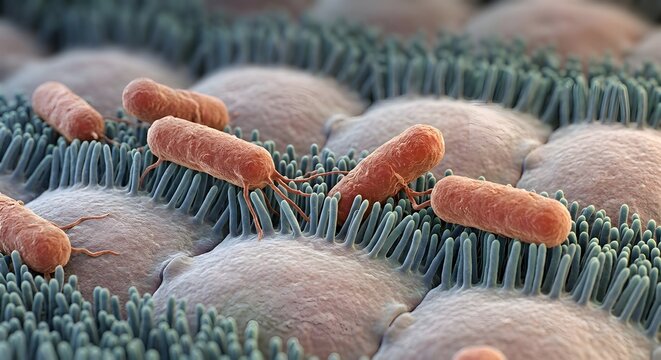 Detailed microscopic 3D render showing red rod-shaped Escherichia coli bacteria interacting and attaching to human intestinal epithelial cells and microvilli structures.