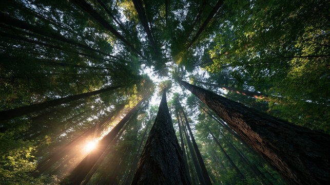 Sunlight Filtering Through Tall Redwood Tree Canopy