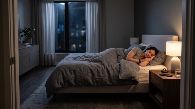 Peaceful young woman sleeping soundly in comfortable bed under gray linen duvet at night with soft warm lamp lighting nearby