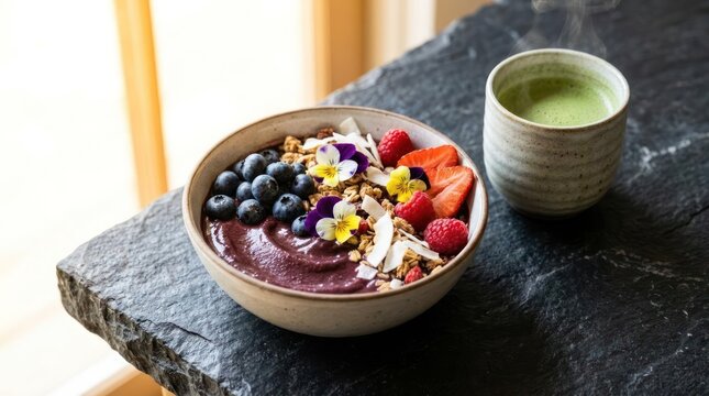 Acai berry bowl with fruit and green matcha.