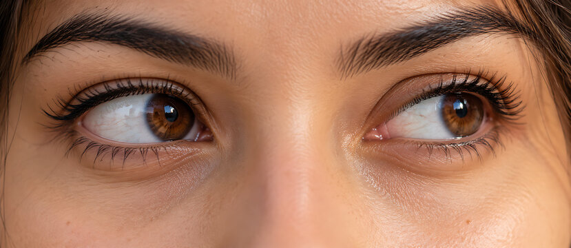 Close up photograph showcases a pair of brown eyes looking upwards with detailed eyelashes