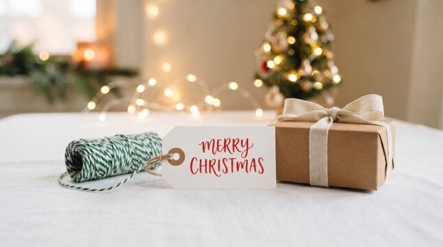 Festive christmas background with a wrapped gift box and a decorative ornament on a white table surface