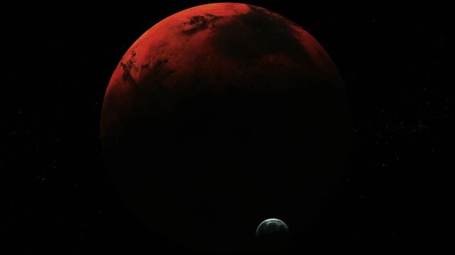 Dark space scene with a large red planet and a small moon against a black starry background