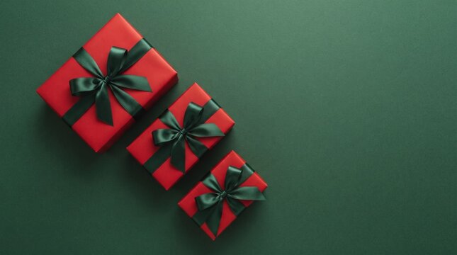 Three red gift boxes with dark green ribbons arranged diagonally on a dark green background for holidays