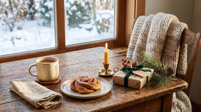 cozy winter breakfast table with cinnamon roll, coffee cup, and gift