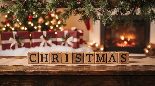 Christmas wooden blocks displayed on a mantlepiece with a festive tree and fireplace in the background