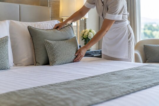 Professional housekeeper fluffing luxury bed linens in modern hotel room with elegant neutral-toned decor and natural daylight