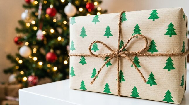 A beautifully wrapped christmas gift with pine tree pattern paper sitting in front of a decorated tree