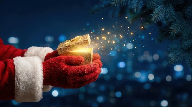 Santas hands holding glowing gold gift box with magic sparkles on blue bokeh holiday night.