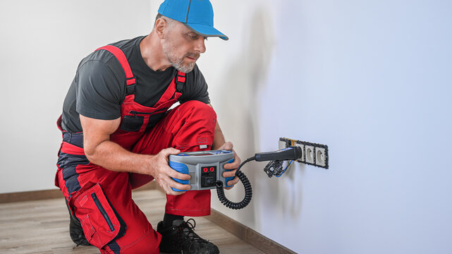 A electrician using multifunction tester for revision of electrical circuits . Initial verification and periodic inspection and testing of electrical installations.