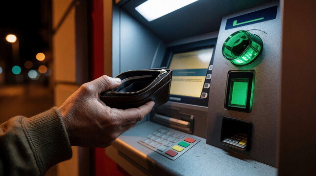 Man holds empty leather wallet at atm machine at night. Person sees zero balance on digital screen after failed cash withdrawal. Financial crisis, debt, poverty, bankruptcy concept. Sad businessman