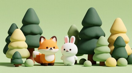 Fototapeta premium Cute fox and bunny friends stand together in a whimsical forest. Stylized trees and soft pastel colors create a gentle, dreamy woodland scene. Adorable animal characters in a sweet, simple setting.